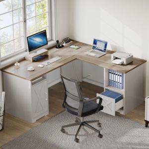 DWVO L Shaped Desk with File Drawer, 60" Corner Computer Desk with Power Outlets, Home Office Desk with Monitor Stand & Storage Shelves & File Cabinet, Grey Wash
