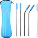 Reusable Metal Drinking Straws, 304 Stainless Steel Straws with Cleaning Brush, Bent and Straight Drinking Straw Set, Eco-Friendly Reusable Straws for Smoothies & Drinks(Blue)