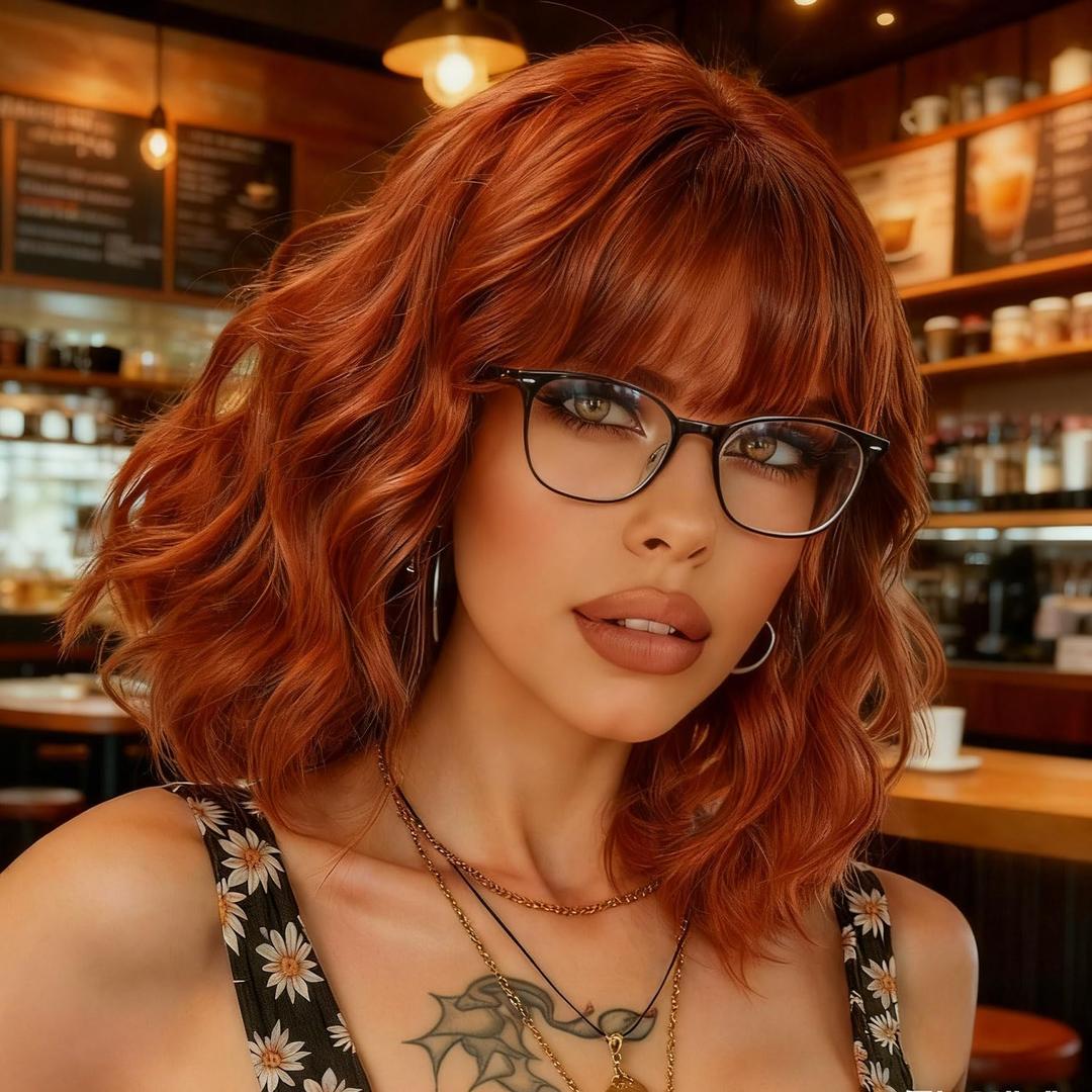 Bob Ginger Wigs for Women Short Wavy Orange Wig with Bangs Natural Looking Synthetic Wigs for Daily Party Cosplay Use - 14 Inch