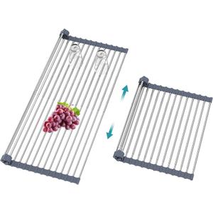 BBXTYLY Extra Expandable Roll Up Dish Drying Rack,Over The Sink Drying Rack Sink Cover Kitchen Sink Accessories Kitchen Rolling up Stainless Steel Drainer, Foldable,RollableGray22.8''-12.4'' (Grayexpandable Wides Size)