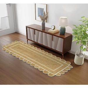 GRUHUM Scalloped Jute Area Rug 2'6"x4'ft Natural Base Off White Trim Handwoven Runner Reversible Soft Braided Farmhouse Jute Runner Rug Indoor EcoFriendly Livingroom Bedroom Kitchen Hallways Enterways