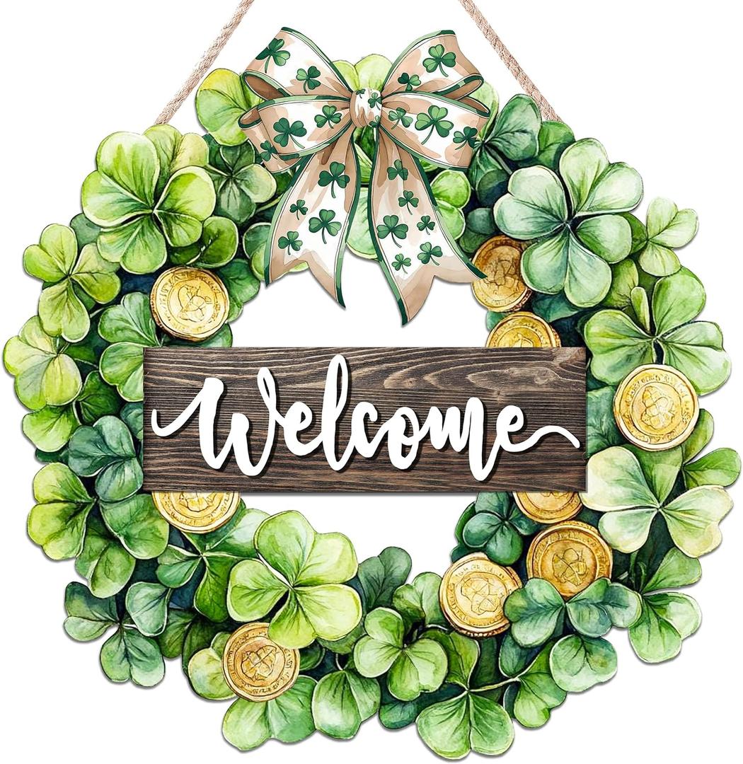 2 x St. Patrick's Day Decorations Wooden Shamrock Door Wreath for Front Door Welcome Sign, St. Patrick's Decor Hanging Sign Farmhouse Outdoor Indoor Shamrock Clover Spring Wall Home Decor