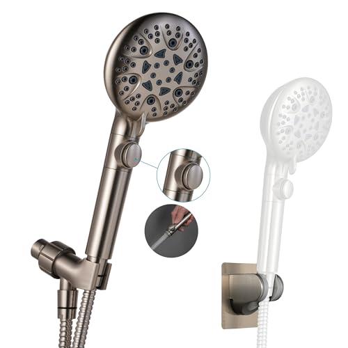 GwernKB Brushed Nickel Shower Heads Handheld with On Off Switch,8-Mode High Pressure Shower Wand with 79In Stainless Steel Hose&Bracket PLUS Low-Reach Adhesive Wall Mount Holder for Kids&Elderly