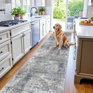 3x12 ft Non Skid Hallway Runner Rug - Long Washable Stain Resistant Low Pile Thin Carpet Runners for Kitchen Entryway Bathroom,Modern Abstract NeutralBlue Grey,3x12