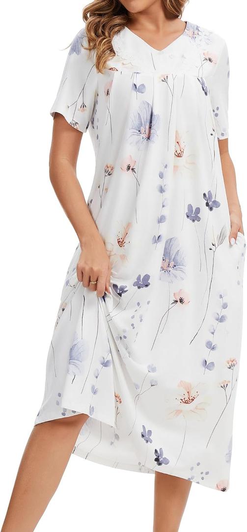 Lerliacr Nightgowns for Women Cotton Soft Short Sleeve Sleepwear Victorian Nightgowns for Women Cotton Short Sleeve Sleepwear Victorian V Neck Night Dress with Pockets Loose Loungewear(Flower, XL)
