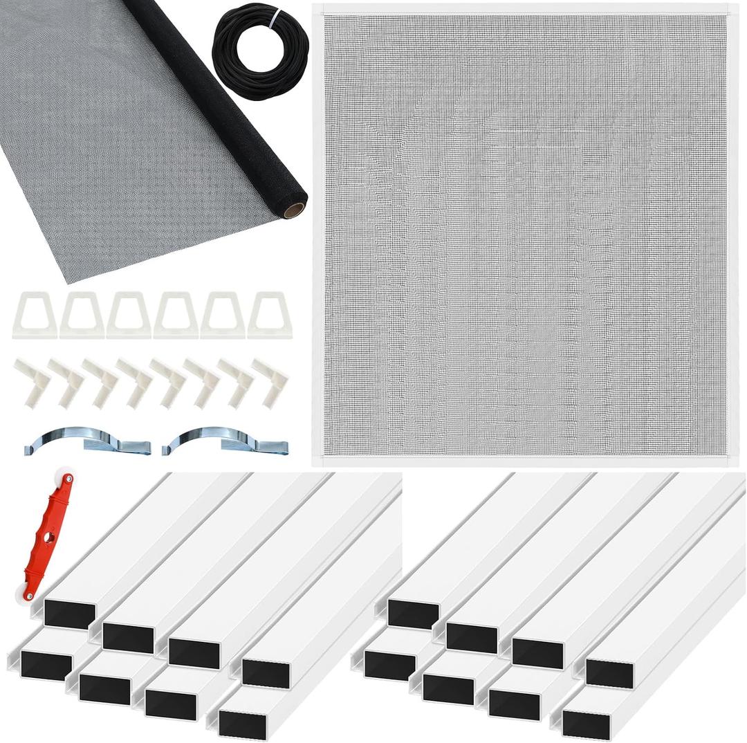 Yaocom 4 Pack Window Screen Kit Aluminum Frame with Corners, Spline, Springs, Pull Tabs, Screen Mesh and Rolling Tool(58'' X 58'')