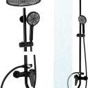 Outdoor Shower Fixture,3 Functions Handle Tub Rainfall Shower Faucet Sets with Dial Thermometer Brass Valve, Exposed Shower System with 10'' Rainfall Shower Head Adjustable (Matte Black)
