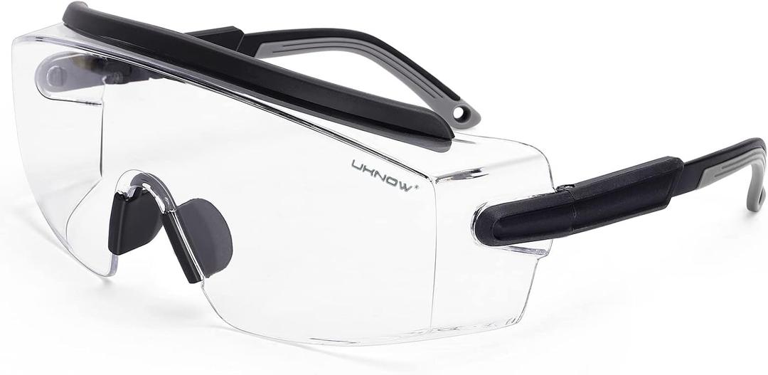 UKNOW Safety Goggles Over Glasses, Anti Fog Safety Glasses with Clear Wraparound Lens, ANSI Z87.1 Protective Eyewear (Black)