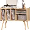 Lerliuo Record Player Stand with 4 Cabinet Holds Up to 220 Albums, Large Stand with Beech Wood Legs, Mid-Century Record Player Table, Burlywood Vinyl Holder Storage Shelf for Living Room