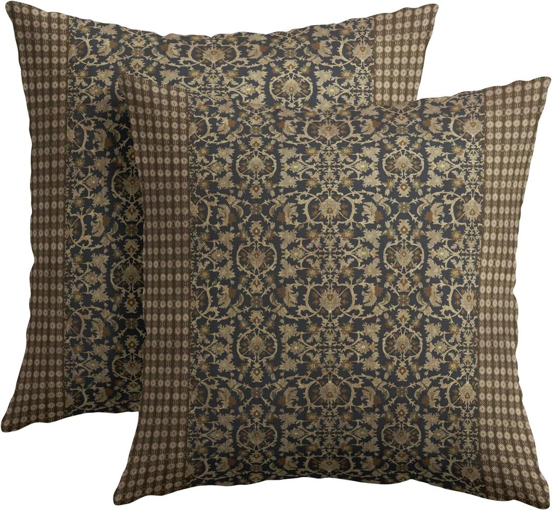 Kawani Brown Antique Pillow Covers 18x18 Inch Vintage Floral Block Print Decorative Throw Pillow Covers Set of 2 Retro Turkish Pillowcases Cushion Covers for Couch Indoor Outdoor Home Decor