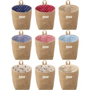 Boao 9 Pcs Mini Wall Hanging Storage Bags Cotton Linen Storage Basket Small Foldable Family Organizer Box Decorative Hanging Basket Bin for Door Wall Closet Office College Dorm(Cute)