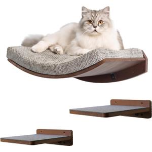 Premium Cat Shelves Shelf in Walnut Brown with Replaceable Carpet with 2 Pine Wood Steps (3pcs). Sturdy Perches for Wall. Cat Hammock Bed Furniture for Cats