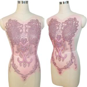 Handmade Beaded Crystal Patches Bodice Lace DIY Applique Trim Patches for Dress Clothes (M2-Pink)
