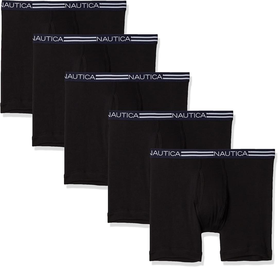 Nautica Men's Classic Cotton Boxer Brief Multipack (Medium, Black- 5 Pack)