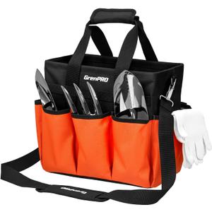 GRENPRO Garden Tool Bag Organizer, Heavy Duty Gardening Tote Toolbox with 10 Pockets, Adjustable Shoulder Strap, Standable & Foldable for Tool Storage, Home Garden Kit, Orange (Tools Not Included)