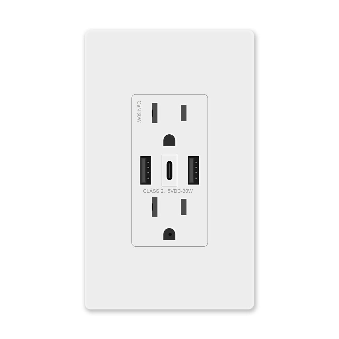 GaN 30W 6Amp 3-Port USB Wall Outlet, 15 Amp Tamper-Resistant Receptacle with 2 Type A Port&1 USB Type C, USB Charger for iPhone/iPad/Samsung/LG/HTC, UL Listed