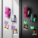 Luminous Butterfly Magnetic Cup Holder for Fridge, Upgraded PE-Coated Metal Stanley Tumbler Organizer with Glow-in-the-Dark Magnet Coaster & Adhesive Mount for Kitchen, Bedroom, Camping