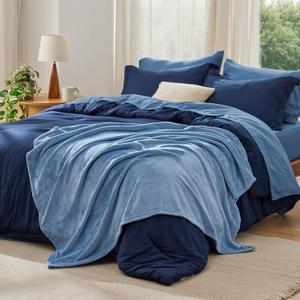 Bedsure Queen Comforter Set Navy Blue, 8 Pieces Prewashed Queen Size Bed in a Bag with Soft Fleece Bed Blanket, Down Alternative Bedding Set for All Seasons, Sheets, Pillowcases & Shams