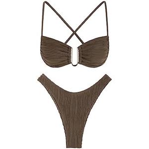 ZAFUL Women's Textured Underwire Bikini Set V Notch High Cut Swimwear Tie Side Ribbed Sexy Swimsuits.XL