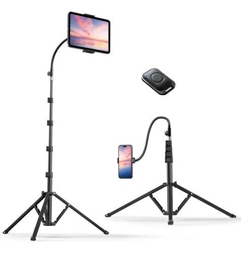 Tall Phone Stand Tripod, Floor Phone Recording Holder, Heavy Duty Adjustable iPhone Tripod Stand Compatible with iPhone 