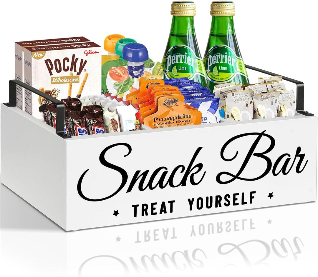 Snack Organizer for Countertop, Wood Pantry Storage Bins with Handles, Snack Bar Organizer for Pantry Shelf, Kitchen, 4 Compartment Food Container Snack Box, Pantry Organizer for Snacks, Chips (White)