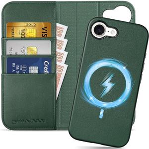 SHIELDON Wallet Case for iPhone 16e 2025, Genuine Leather Detachable Wireless Charging Magnetic RFID Blocking Card Holder Kickstand Shockproof Case Compatible with iPhone 16e 6.1"  Nappa Evergreen