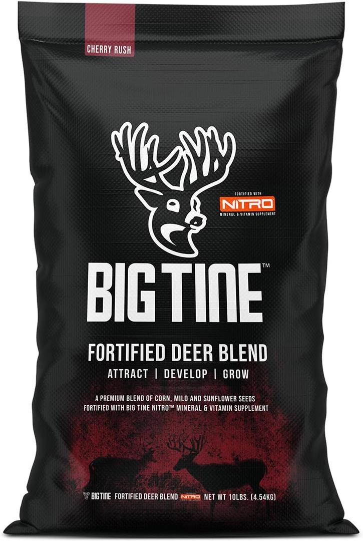 Big Tine Fortified Deer Blend, 10 lbs, Cherry Rush Flavor, Whole Grain Feed, Nitro Mineral Formula, Nutritious, Packed with Vitamins and Minerals, Supports Antler Growth, Gravity or Ground Feeding (EXP 08/31/26)