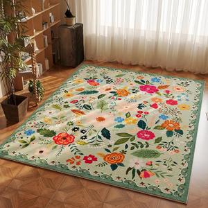 Area Rug 106 x 143 Inch Rug Washable Boho Rugs Non Slip Low Pile Floral Small Carpet for Bedroom, Bedside, Kids Room, Office, Dining Room(Green)