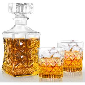 Whiskey Decanter for Men, Glass Liquor Decanter Set with 2 Whiskey Glasses, Decanter,Bourbon, Scotch, Brandy, Gift for Men, Ideal Home Bar Decor - 28oz