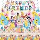 Princess Birthday Party Supplies, Party Decorations Set Include Banner, Backdrop, Balloons, Hanging Swirls, Cake Cupcake Toppers, Tablecloth for Girls Princess Theme Party