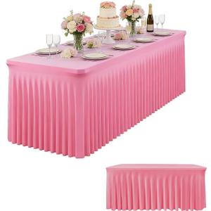Pink Spandex Table Skirt for Rectangle Tables (4ft) | 1-Pack Stretch Pleated Tablecloth for 48" L x 24" W x 30" H Rectangular Tables | Suitable for Banquets, Trade Shows, Birthday
