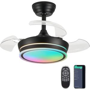30" Retractable Ceiling Fan with Light, RGB Modern Fandelier 6 Speeds Reversible Blades Dimmable Remote App Control Memory Timer Black