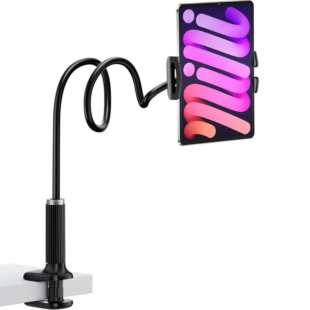 Gooseneck Tablet Stand, gliship for Kindle Holder for Bed, for iPad Holder for Bed Desk, Phone Holder with Flexible Arm & Clamp Compatible with iPad iPhone Kindle Paperwhite Accessories 4-12.9", Black