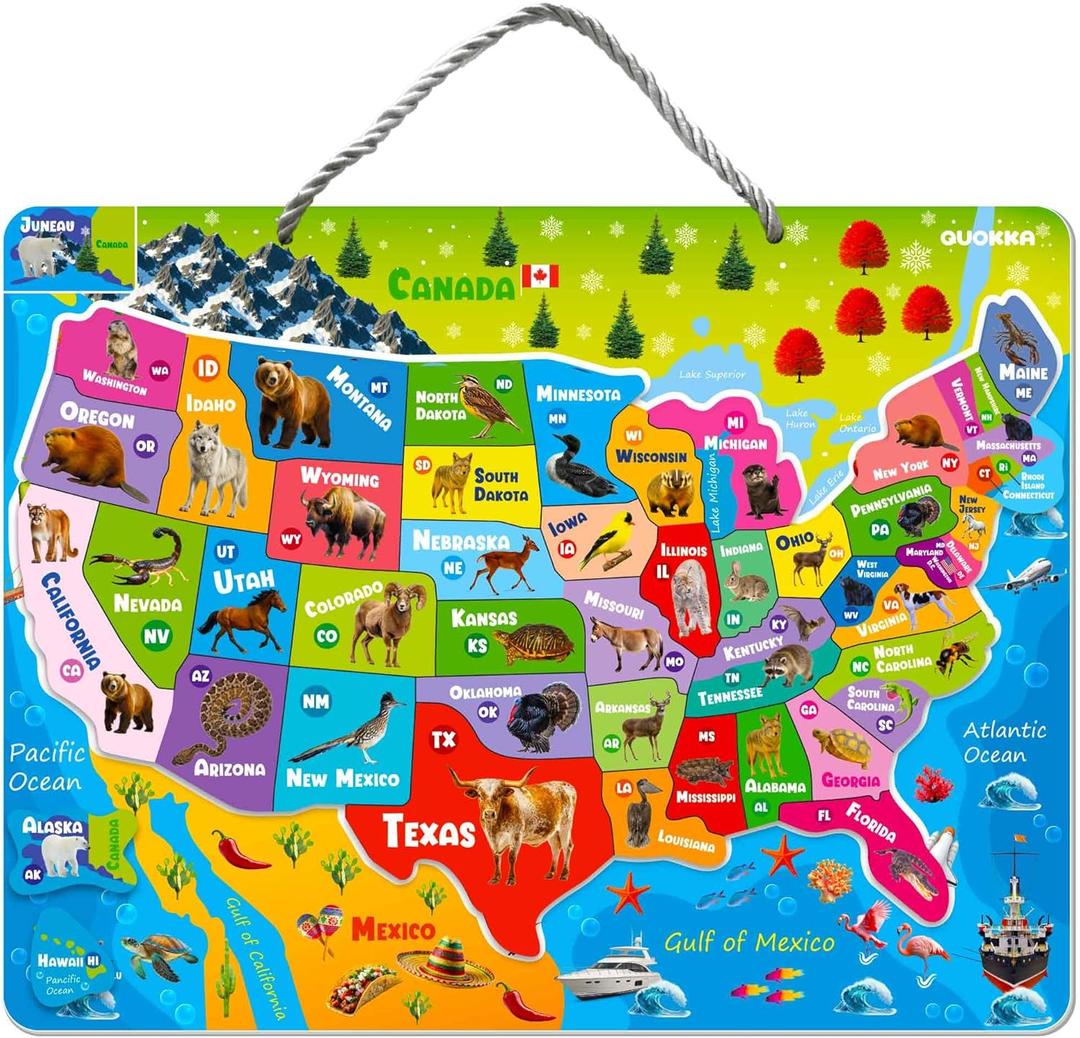 QUOKKA Magnetic Puzzles for Kids Ages 4-6 - Realistic USA Map Puzzles for Toddlers 3-5 - Montessori Educational Toys for 2-4 Years Old - United States Geography Learning Games for Kids 5-8
