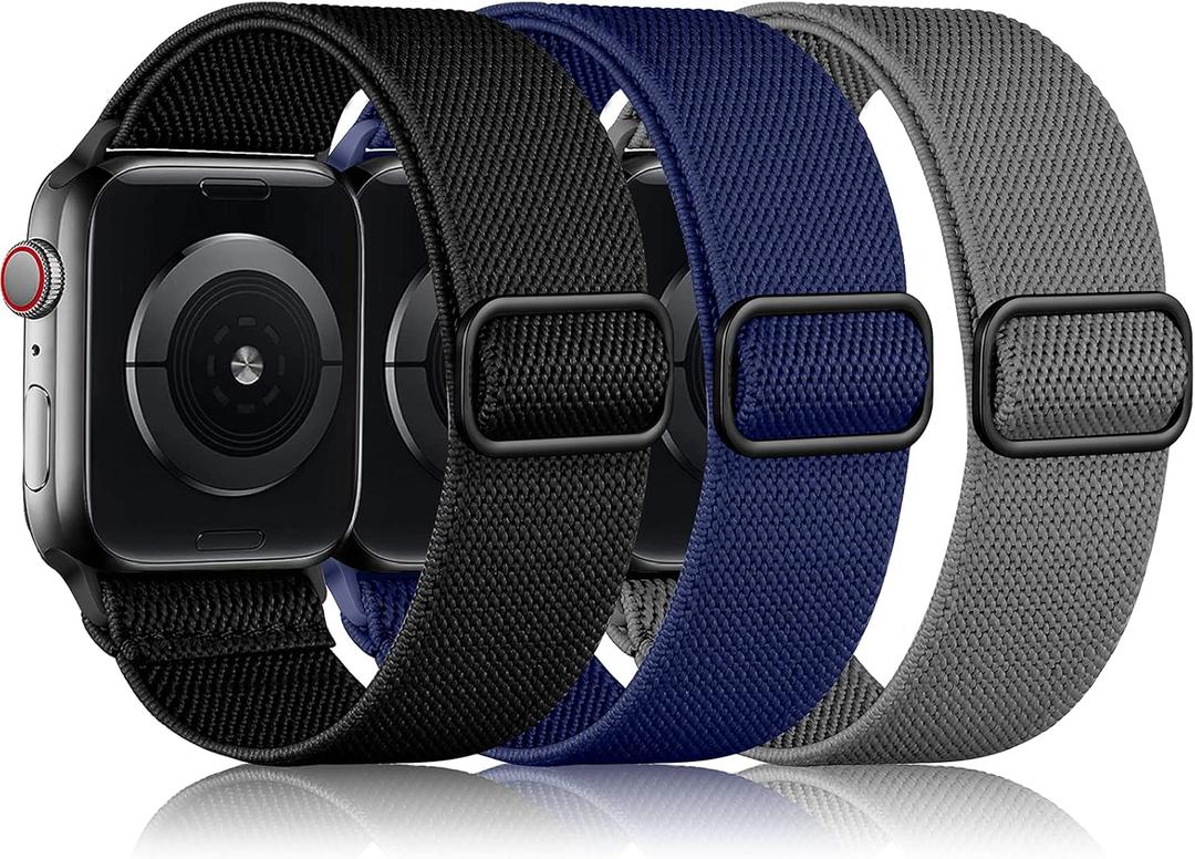 DaQin 3 Pack Stretchy Solo Loop Compatible with Apple Watch Bands for Men 49mm 46mm 45mm 44mm 42mm, Soft Nylon Braided Elastic Strap for iWatch Band Series 11 10 9 8 7 6 5 4 3 SE Ultra 3 Ultra 2 Ultra (Black/Midnight Blue/Dark Gray)