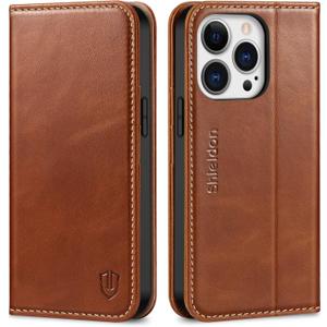 SHIELDON Case for iPhone 13 Pro 5G, Genuine Leather Folio Wallet Magnetic Shock Absorbing Case RFID Blocking Credit Card Holder Kickstand Compatible with iPhone 13 Pro 6.1" - Retro Brown