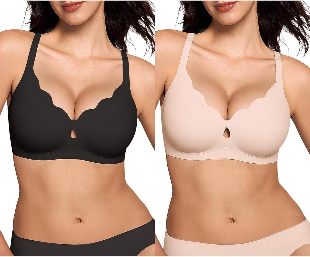 Wireless Bras for Women Wave Push Up No Underwire Bralettes Seamless Full Coverage Support Lift Everyday Bra (Large, Black+cream Skin)