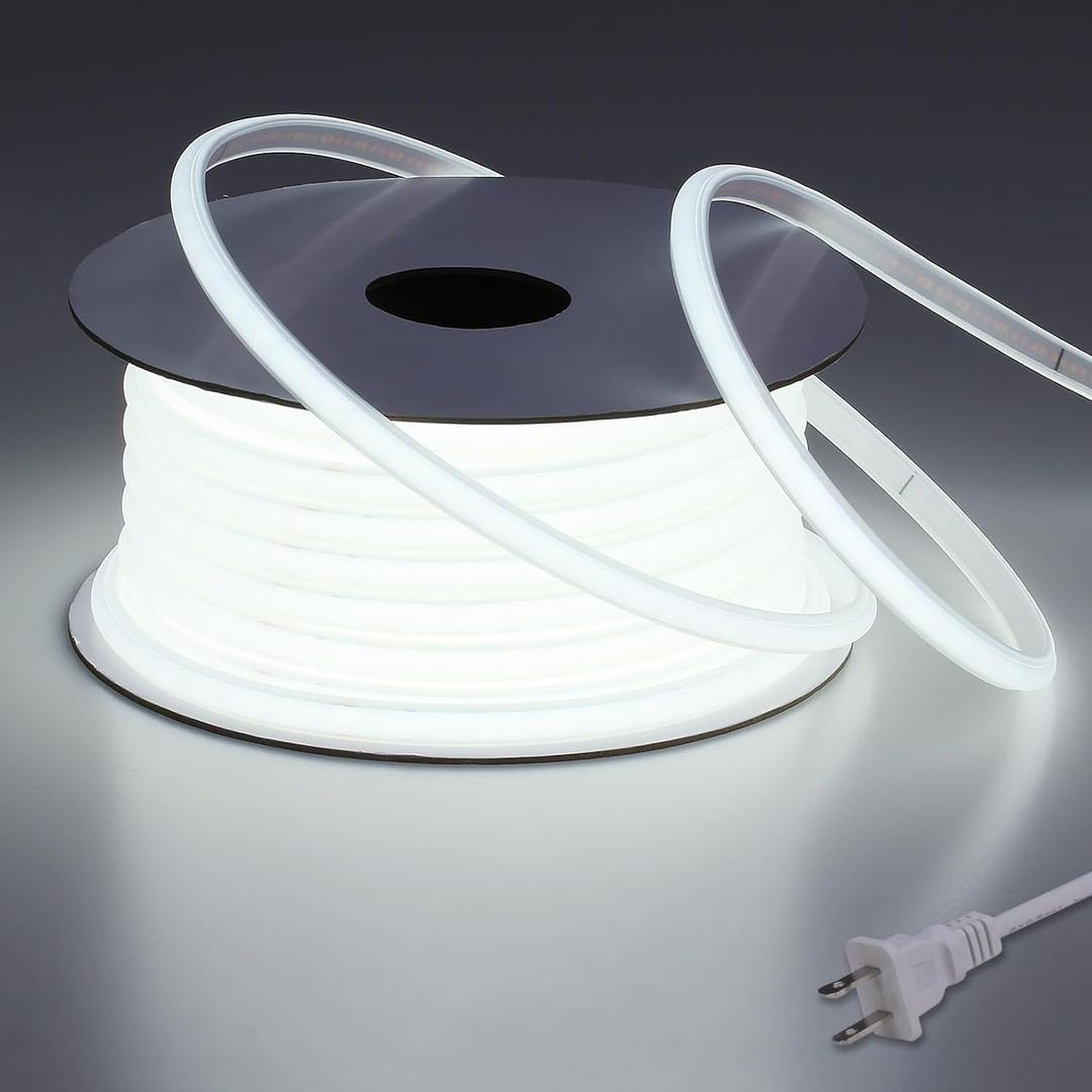 AC 110V COB LED Strip Lights Outdoor Waterproof 65.6ft, 6000K Cool White Super Bright 200W CRI 90+ LED Rope Light, IP65 Flexible Cuttable, for Bedroom Garden Commercial House