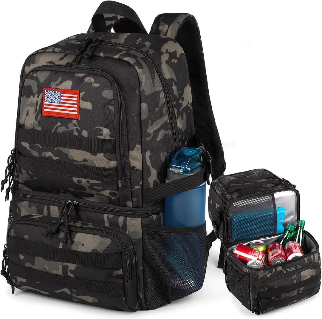 Tactical Double Deck Cooler Backpack for Men, Large Lunch Backpack with 2 Compartment, Soft Cooler Bag, Camo Black, Large