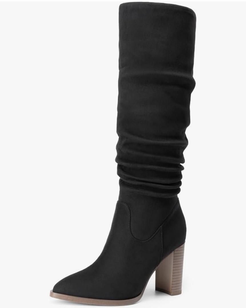 DREAM PAIRS Women's Knee High Boots Pointed Toe Chunky Block Heel Suede Boots Comfortable for Women with Side Zipper Fashion Slouchy Tall Boots Size 6 Women