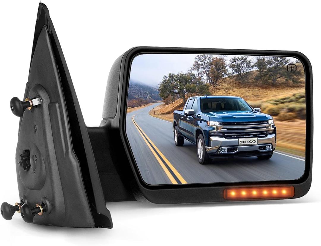 SCITOO Towing Mirror Passenger Side fit for Ford Chrome Automotive Exterior Mirror fit 2004-2014 for F-150 with Amber Turn Signal and Puddle Lights Power Control Heated and Manual Folding Features, Large