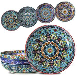 Glowworm Pasta Bowls Set of 4, 42 oz Ceramic Salad Bowls for Kitchen, 9.7 Inch Colorful Serving Bowls for Soup, Dinner, Fruit, Dishwasher & Microwave Safe, Bohemian