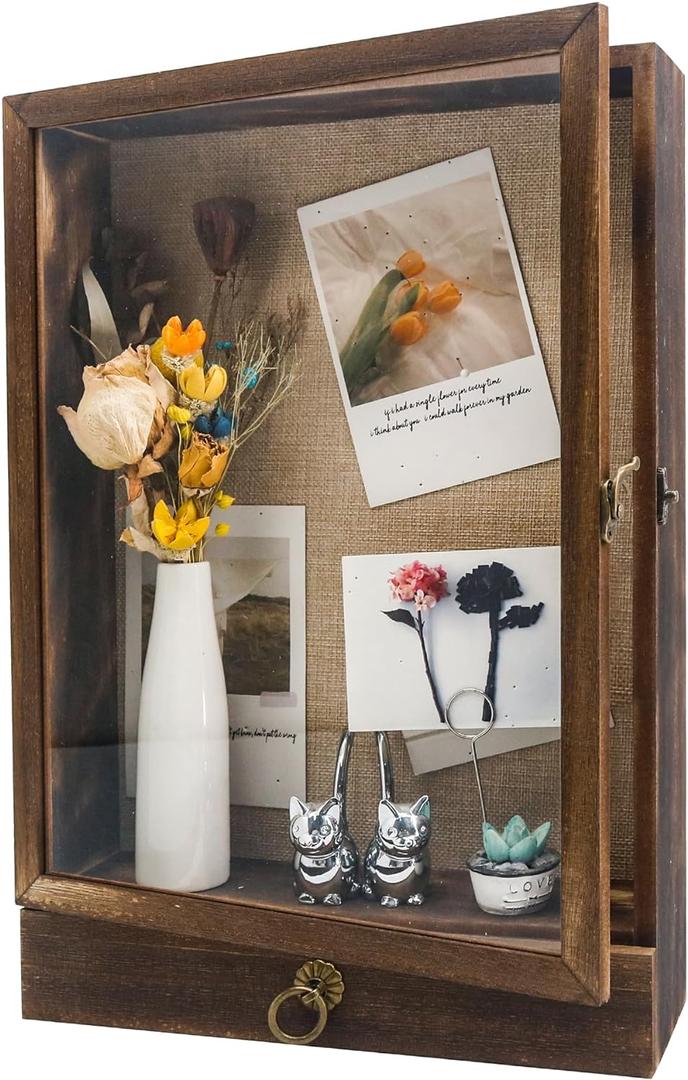 11x16 Deep Shadow Box Frame with Drawer and Soft Line Back, Wooden Display Case Memory Box Real Glass for Keepsakes Collections, Medals, Bouquet Wall or Tabletop (Carbonized Black)