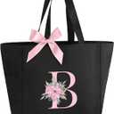 Vavabox Tote Bag, A-Z Initial Monogrammed Waterproof Tote Bag, Bridesmaid Gifts for Women, Black and Pink