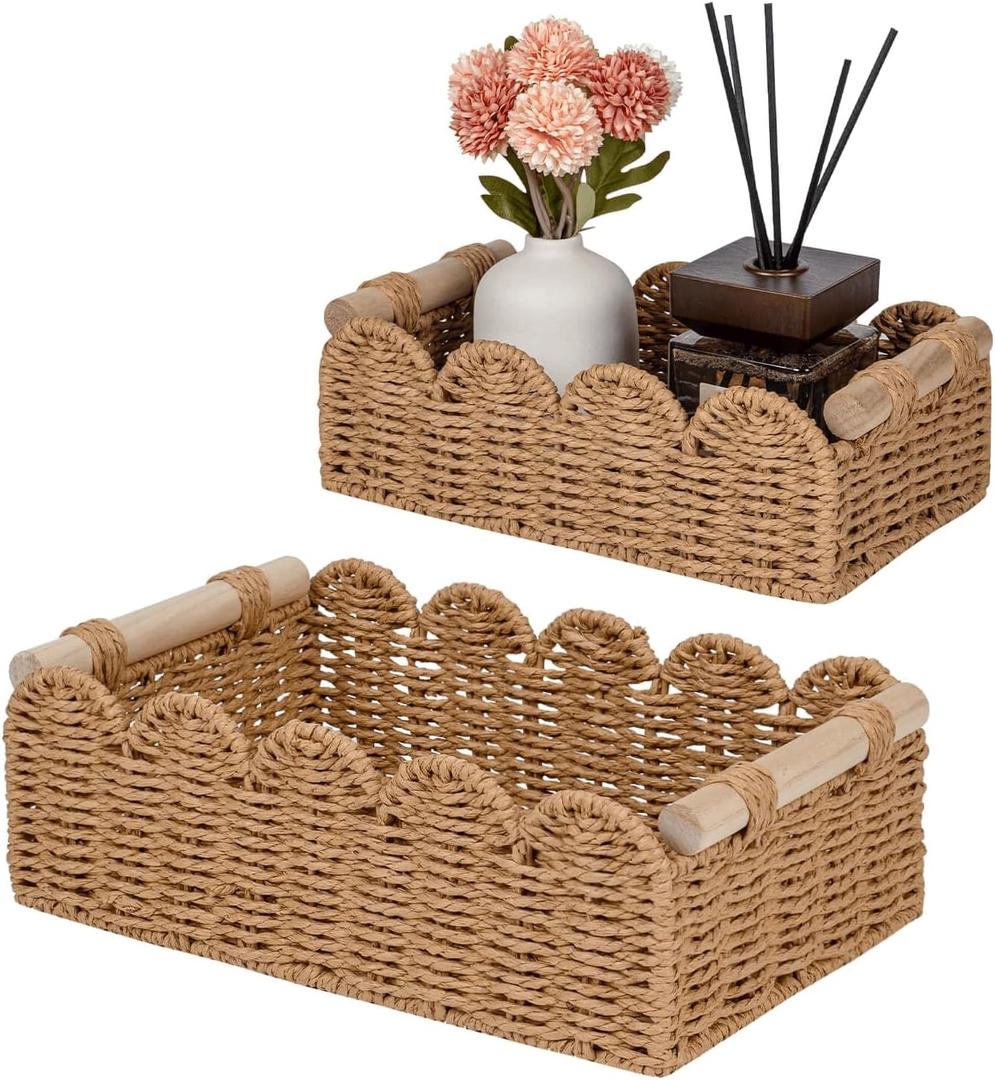 CubesLand Toilet Paper Storage Organizer Basket, Scalloped Decorative Baskets for Over Toilet Shelves, Wicker Small Basket Perfect for Home Countertop Storage & Decor, Living Room Shelf Decor, Neutral
