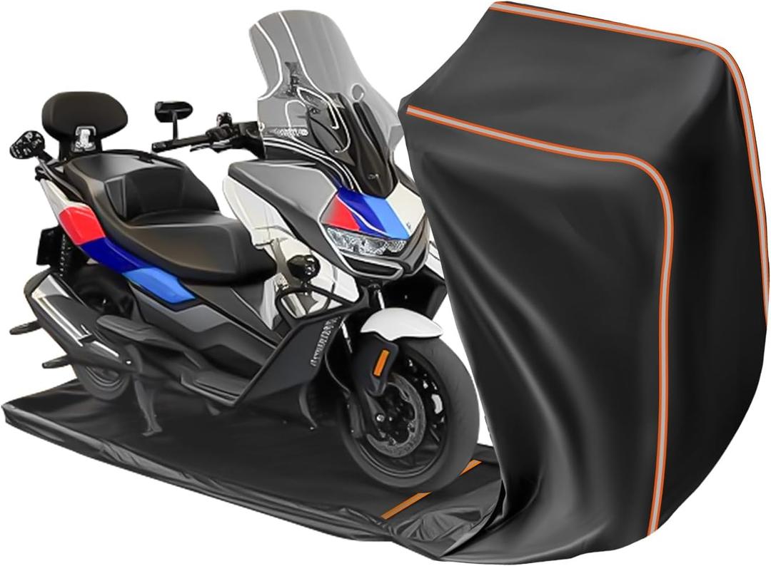 Full Enclosed Motorcycle Cover Waterproof Outdoor/Indoor Storage Waterproof Motorcycle Cover Heavy Duty with Reflective Strips Fits Touring Motorcycles Length up to 108" with Side+Top Box ((XXXL) 108" x 45" x 59")