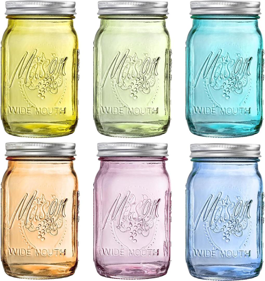 WELLIFE 32 Oz Mason Jars-6PCS Colored Mason Jars with Lids.Safe for Storage,Quart Mason Jars Wide Mouth.Pickling, Preserving, Fermenting, DIY Crafts & Decor