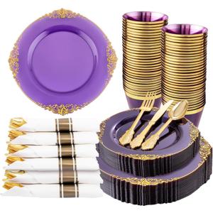 Nervure 175PCS Purple Plastic Plates - Disposable Purple Gold Party Plates & Pre Rolled Napkins with Cutlery for 25 Guests, 50Plates, 75Silverware, 25Cups, 25Napkin for Wedding & Party
