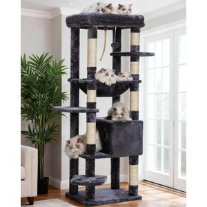 Heybly Cat Tree for Large Cats 20lbs Heavy Duty, 60 inches XXL Cat Tower for Indoor Cats, Multi-Level Furniture Condo with Big Padded Plush Perch, Cozy Basket, Smoky Gray HCT050G