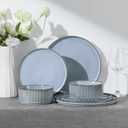 E-far Stoneware Dinnerware Sets for 2, 6-Piece Plates and Bowls Sets, Chip & Scratch Resistant Ribbed Dish Set for Home Restaurant, Microwave & Dishwasher Safe, Dusty Blue